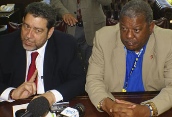 Prime ministers Ralph Gonzalves and Baldwin Spencer, explaining their confidence in the Eastern caribbean Amalgamated Bank.
