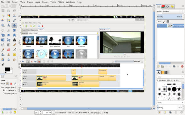 A screen capture of the free OpenShot video editor, being edited in the free GIMP image editor on Debian "Wheeezy".